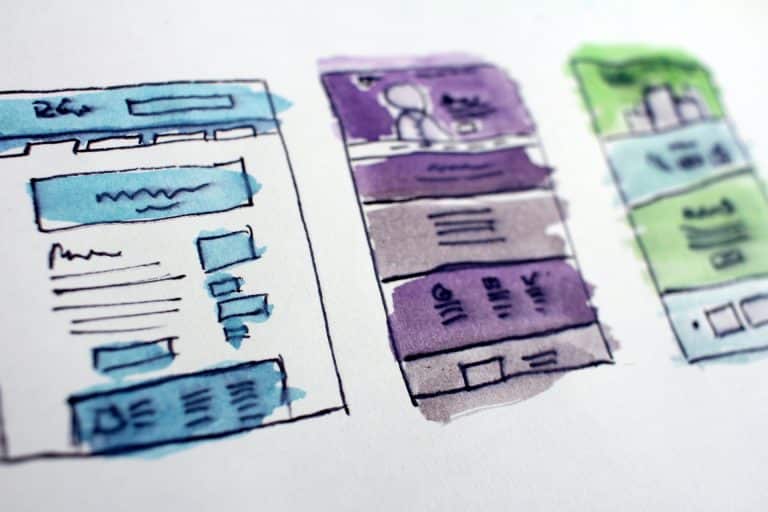 A rough hand-drawn picture of three apps side by side. They are highlighted in blue, purple, and green.