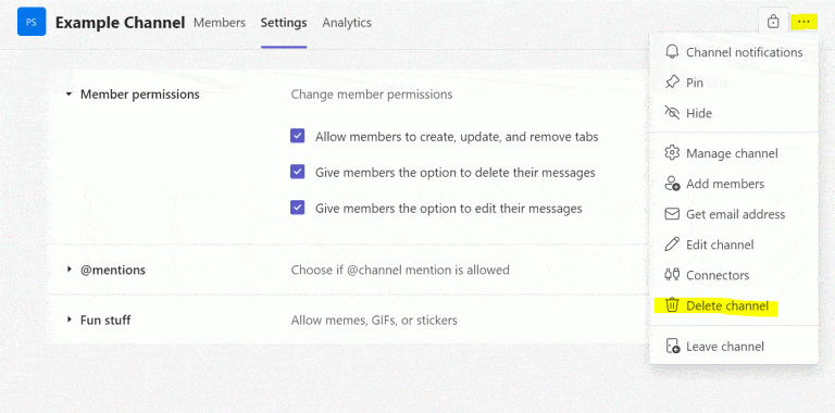 a screenshot of deleting a channel in microsoft teams channels