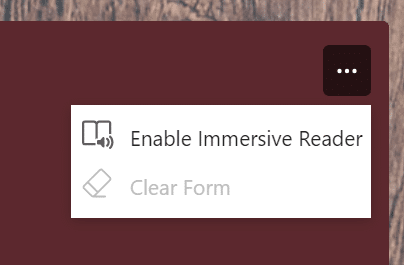 A screenshot of the Immersive Reader option in Microsoft Forms present mode