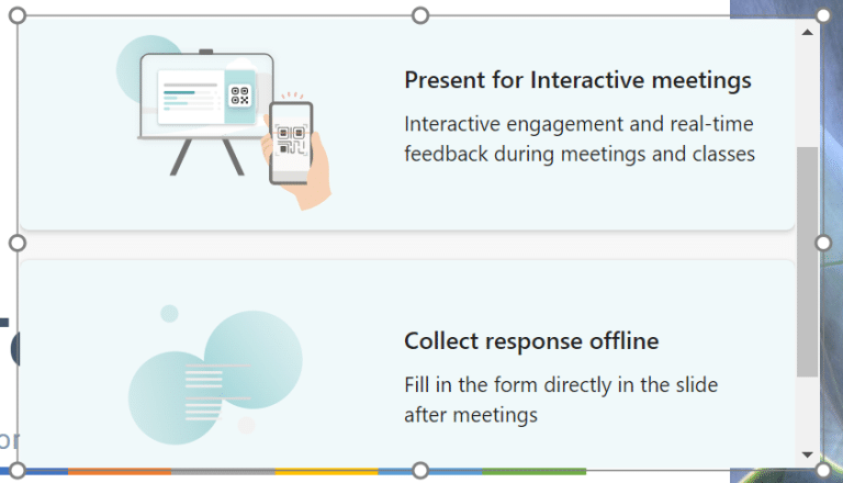 A screenshot from PowerPoint showing the two options of Microsoft Forms present mode